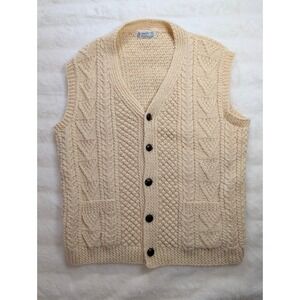Carrick Fin Handknitted Pure Wool Aran Vest Cream Donegal Ireland Mens L XL